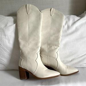Cream colored vegan leather tall cowboy boots